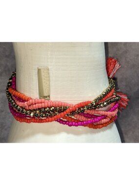 Boho BaubleBar Multistrand Seed Bead Tassel Bracelet Pink Coral Gold